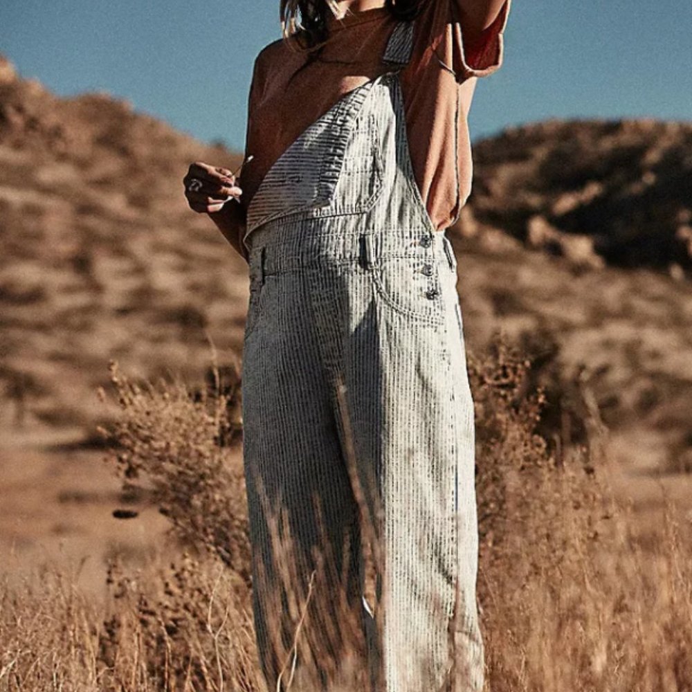FREE PEOPLE ZIGGY STRIPED RAILROAD OVERALLS